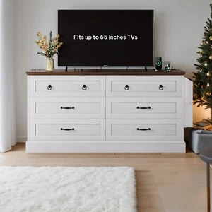 Retro 59 in TV Stand Fits up to 65" TVs with 6 Drawers Storage Dresser Organizer - Picture 1 of 11