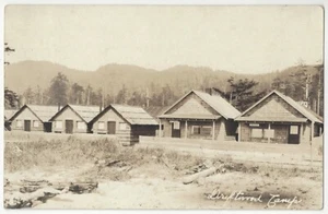 Rockaway, Oregon 1915 - FOTO REAL cabañas en el campamento de Driftwood, postal vintage - Imagen 1 de 2