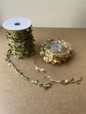 2 Rolls Leaf Ribbon-35 Yards Gold  & 45+ Yards Burlap Green Leaf Ribbon - Image 1 of 4