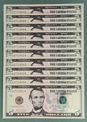 SET of 10 USA $5 2017A Five Dollar Bill Banknote (F) ATLANTA SERIES Mint UNC - Image 1 of 3