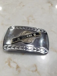 Vintage Chrome Hawaii Silver Belt Buckle With Waves 1976 Original Sticker - Photo 1/4