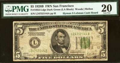 1928B $5 Federal Reserve Note PMG 20 San Francisco Fr 1952-Ldgs - Image 1 of 2