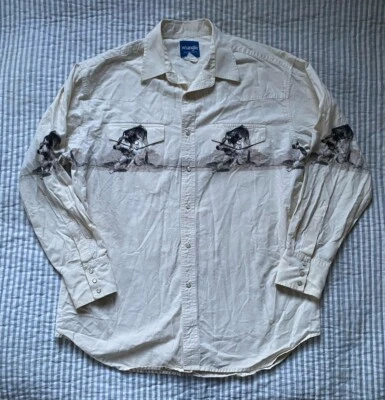 VTG Wrangler Western Shirt Pearl Snap Rodeo Cowboy Bull Wraparound Print Mens XL - Image 1 of 4