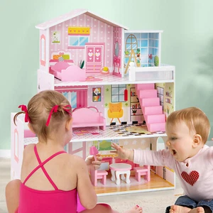 3-Story Semi-Open Dollhouse w/ Furniture Set Ladders & Balcony Preschool DIY - Picture 1 of 7