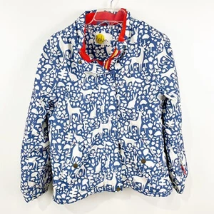 Boden Girls Coat SIze 13Y 14Y Deer Bunny Rabbit Print Blue Red Lined Winter Warm - Picture 1 of 12
