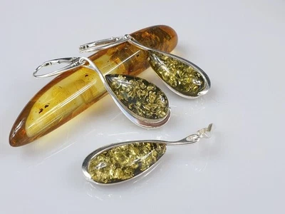 green drop amber earrings silver 925 set gift for woman chain earrings — 第 1/4 张图片