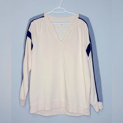 Lou & Grey 奶油色和蓝色运动条纹缺口颈部 Raglan 毛圈运动衫 S — 第 1/4 张图片