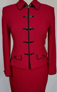 St John 2 piece jacket skirt cranberry red logo zipper pull NWOT size 10 12 - Picture 1 of 5