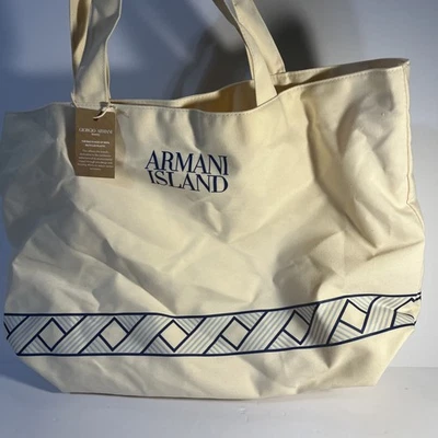 Bolso de compras grande de playa Giorgio Armani Fragrances Island beige azul con etiqueta Foto 1 de 4