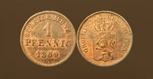 HESSE DARMSTADT (German State) 1 Pfennig 1869 - Copper - Picture 1 of 3