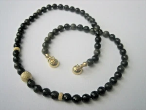 Cadena Obsidiana Oro Elementos de Diseño y Cierre Magnético Plata 925 Chapado en Oro - Imagen 1 de 9