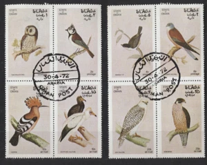 Omán TROPICAL BIRDS Juego de 8 CTO cancelados en 2 bloques de cuatro Se-Tenant - Imagen 1 de 1