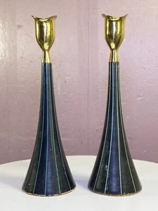 Vtg Serv Wood cork Candlestick Holder Blue Stripe Rare Mid Century Modern Japan - Picture 1 of 15