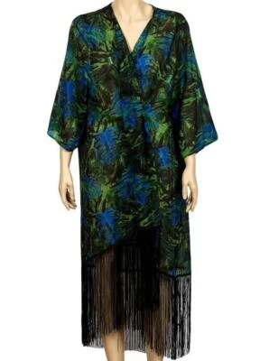 BLACK & GREEN TROPICAL PRINT FRINGED KIMONO JACKET~ BEACH COVER 12-16 18 TO 22 * - Image 1 of 4