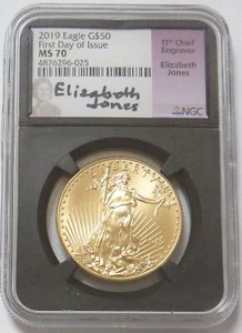 2019 GOLD JONES SIGNED $50 AMERICAN EAGLE 1oz NGC MS 70 RETRO FIRST DAY OF ISSUE - Picture 1 of 2