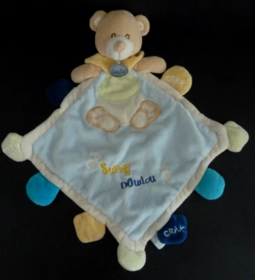 32. DOUDOU PLAT BABY NAT OURS BEIGE SUPERT CRAK BLEU JAUNE VERT EMPREINTES TTBE - Photo 1/4