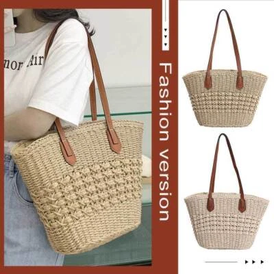 Große modische Strohkorb Tragetasche Sommer Strand Mode Handtasche Tragetasche - Bild 1 von 4