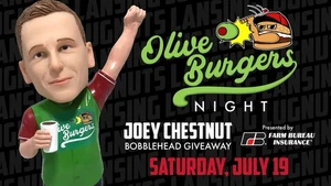 Bobblehead Joey Chestnut Olive Burgers 19/07/25 SGA Raro LE/1000 Lansing Lugnuts - Imagen 1 de 7