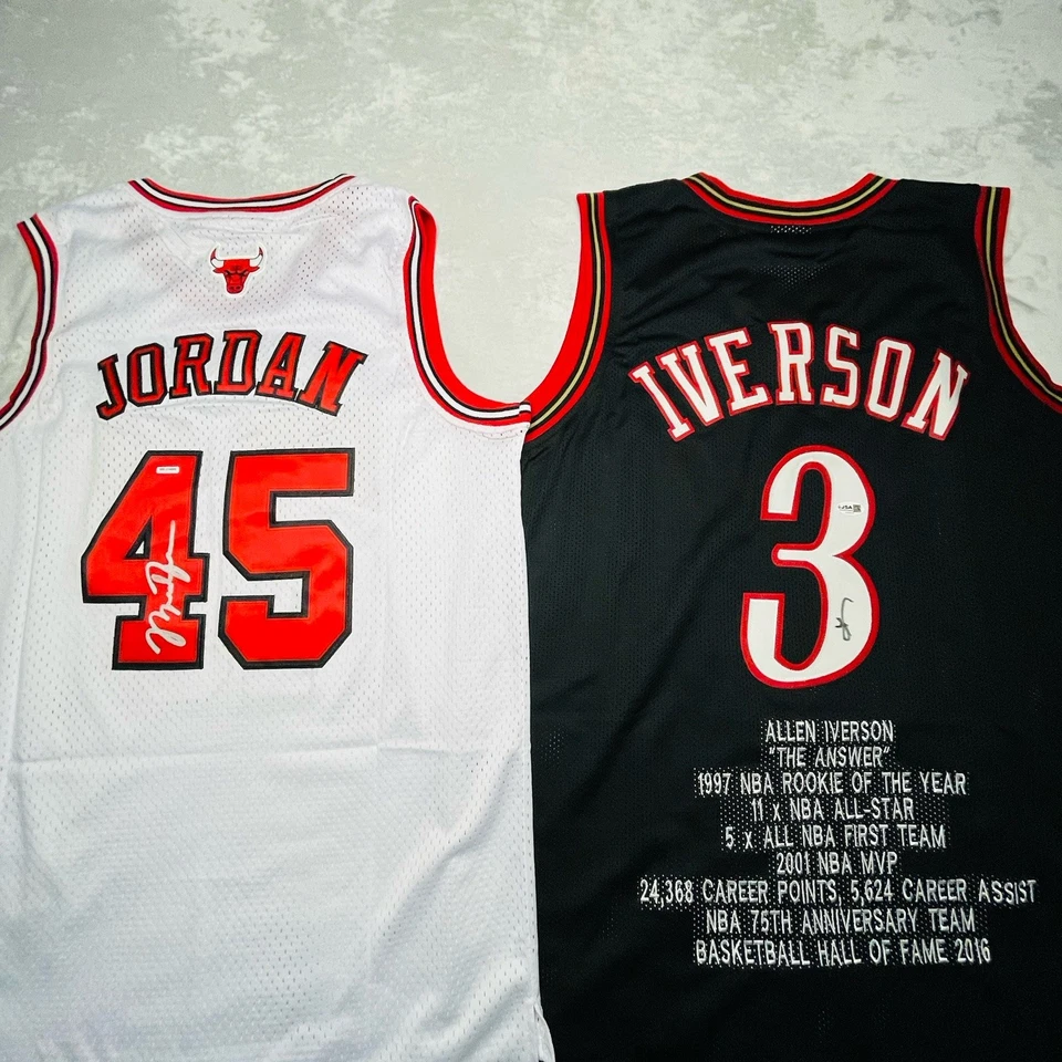 (LEYENDAS) Camiseta firmada por Michael Jordan 45 Allen Iverson autografiada por Beckett Foto 1 de 4