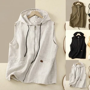 Women Waistcoats Linen Cotton TOPS Vest Zip Up Shirts Hooded Pockets Loose Gilet - Picture 1 of 37