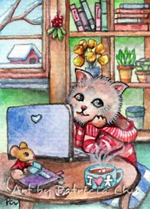 Impresión artística de tarjetas ACEO LE 2,5x3,5 ""Coffee Break"" arte de gato de fantasía de Patricia - Imagen 1 de 1