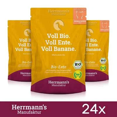 24 x Herrmanns Katzenfutter Bio Ente Kartoffeln Bananenchips Tiernahrung 100Gr - Bild 1 von 2