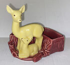 Vintage Shawnee Pottery Yellow Mother Deer  And Baby W/ Maroon Planter