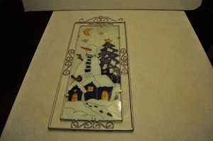 Vintage Stained Glass Christmas Snowmen Metal Frame 22 x9.5 - Picture 1 of 7
