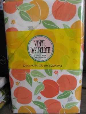 52" x 90" Mainstream Vinyl Tablecloth Flannel Backing / Peaches On White - Image 1 of 4