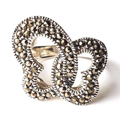 (SIZE 6,7,8) Inter-locking Hearts BUTTERFLY RING Marcasite .925 STERLING SILVER - Image 1 of 4