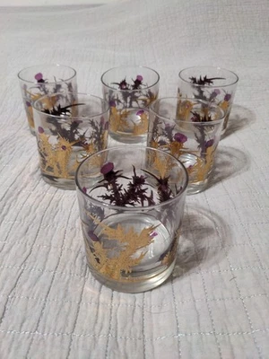 Gregory Duncan Purple Thistle Pattern 3" Glass Tumbler/Rocks Set of 6 - Image 1 of 4