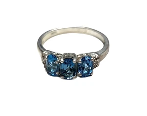 925 Anello Argento Sterling con Naturale Topazio Blu E Pietre Zirconi Cubici Da - Foto 1 di 16