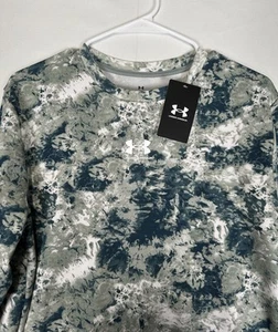 NWT Under Armour Shirt Women Medium Blue Green L/S Rival Terry Print Crew Warmup - Picture 1 of 9