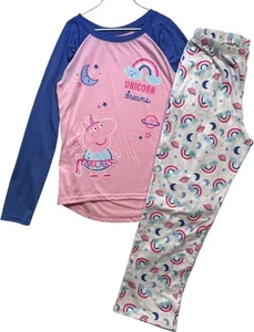 Peppa Pig "Unicorn Dreams" Rainbow & Moon Flannel Pants & LS Top Girls L (10-12) - Picture 1 of 5