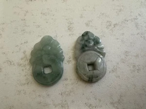 Chinese Pair of Green Jade Stone or Mineral Coin & Insect / Butterfly Pendants - Picture 1 of 13