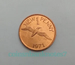 1971 Guernsey New 1 Penny Coin, KM21 Uncirculated / Bird: Gannet - Picture 1 of 2