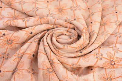 Vintage Orange Saree Pure Crepe Silk Printed Fabric Making Dress Saree Sari Art - Image 1 of 3