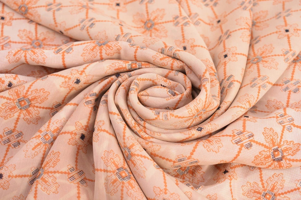 Vintage Orange Saree Pure Crepe Silk Printed Fabric Making Dress Saree Sari Art - Image 1 of 3