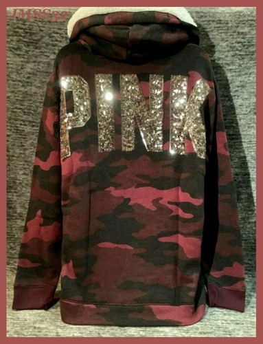 UNDERCOVER Victoria's Secret Pink Bling Campus Sherpa Felpa con Cappuccio Pullover Rubino Prugna Argento L