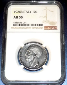 1926 R Italy 10 Lire NGC AU 50 10L Italian Key Date KM# 68.1 About Unc Coin - Picture 1 of 4