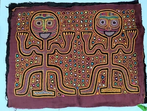 LATIN AMERICA VIBRANT KUNA CULTURE WOMEN MOLA HANDMADE FOLK ART TWIN MEN MOTIF - Picture 1 of 11