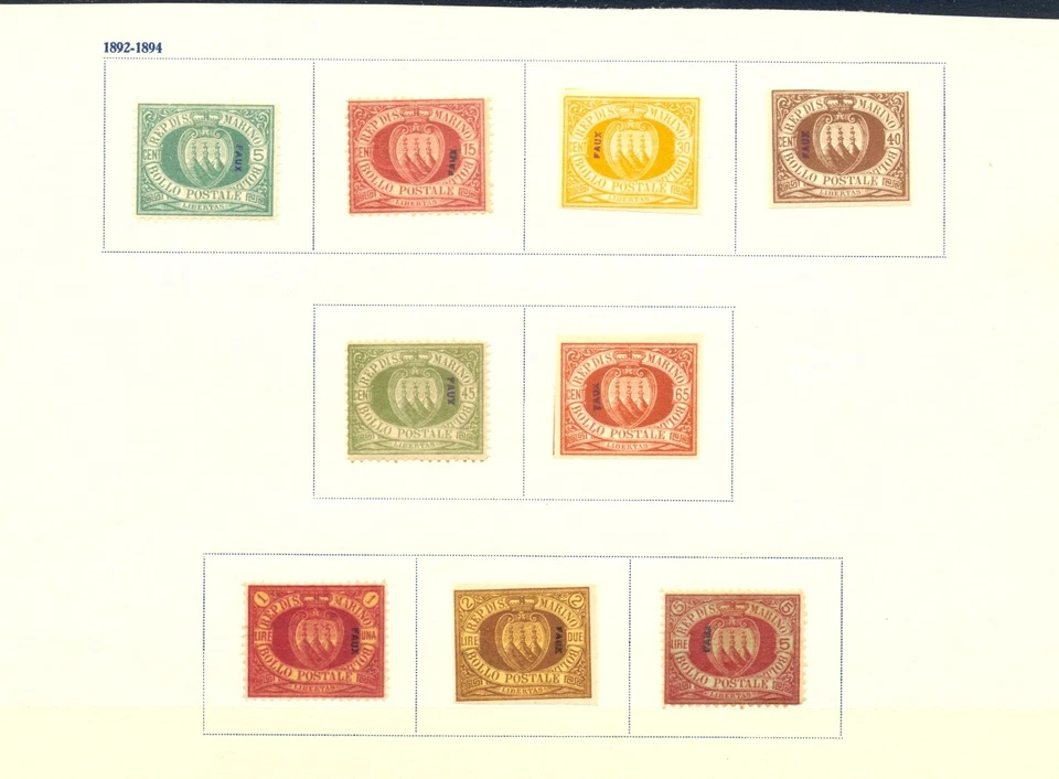 SAN MARINO FOURNIER FORGERY 9 x ST -AFFIXED TO PAGE-MARKED FAUX - Image 1 of 1