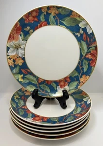 Spode Maui Blue 8.25” Salad Plates Tropical Floral Hibiscus Set Of 6 - Picture 1 of 3
