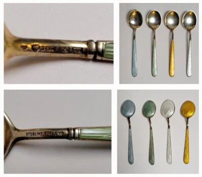 MCM Juego de Cuatro Cucharas Demitasse Esmalte Guilloche 916H Plata Tillander Finlandia Foto 1 de 4