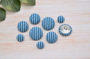Set of 5 Blue Striped Fabric Covered Handmade Shank Buttons - 12mm, 18mm, 22mm - Picture 1 of 8