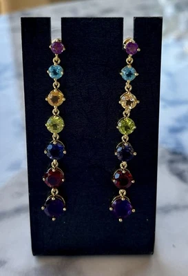 Pendientes colgantes de piedras preciosas multicolores 926 estampados enchapados en oro amarillo 3+ TCW 2,25 pulgadas Foto 1 de 4