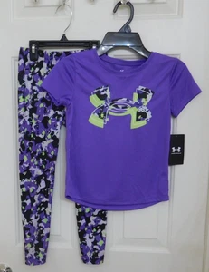 NWT 2pc Under Armour Purple Gray Green Logo Top & Print Leggings Set sz 6 - Picture 1 of 1