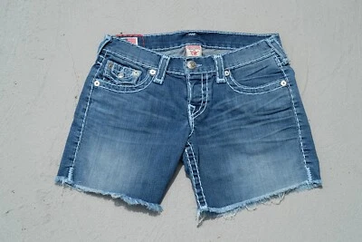 True Religion Jayde Super T Size 25-27 Wide Stitch Button Front Denim Shorts USA - Image 1 of 4