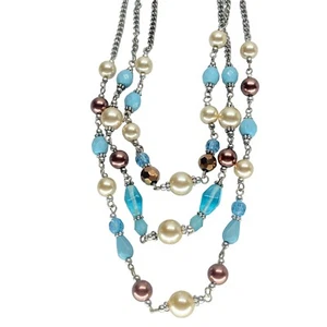 Collana a livelli Premier Designs Las Colinas blu, crema, perline marroni, catena argento - Foto 1 di 4
