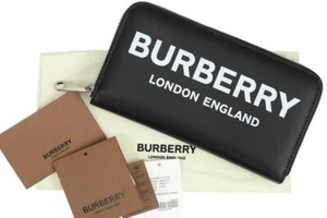 NEW BURBERRY LUXURY BLACK LEATHER LOGO ZIP AROUND WALLET CLUTCH CARD HOLDER - Picture 1 of 7